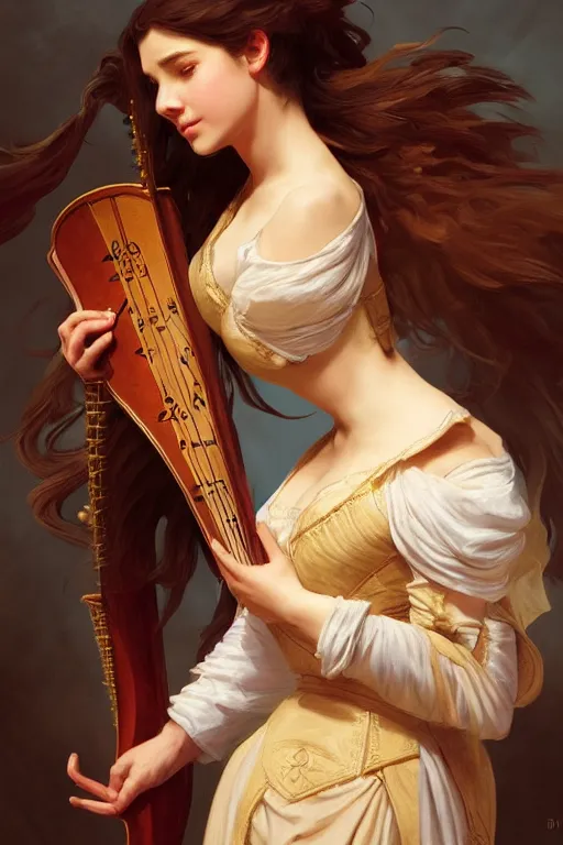 Image similar to beautiful bard holding a lute, accurate anatomy, only two hands, highly detailed, digital painting, artstation, concept art, smooth, sharp focus, illustration, Unreal Engine 5, 8K, art by Artgerm and greg rutkowski and alphonse Mucha