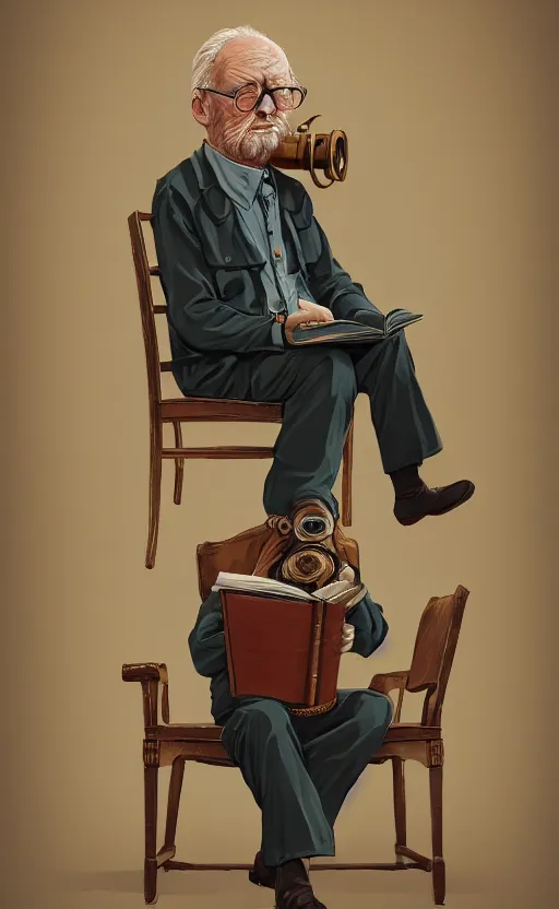 Prompt: old man, work, vintage dress, sittin, chair, book, gasmask, do, what, we, can, then, leave, it, to, god, non fiction, stability, intricate, elegant, 8 k, uhd, justify, content, center, artstation, concept art, matte, sharp focus, illustration, paul, lung