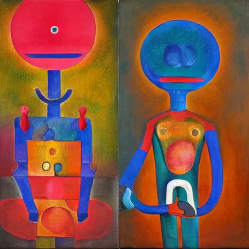 Image similar to Oil painting by Rufino Tamayo. Two mechanical gods with animal faces having a conversation. Oil painting by Lisa Yuskavage.