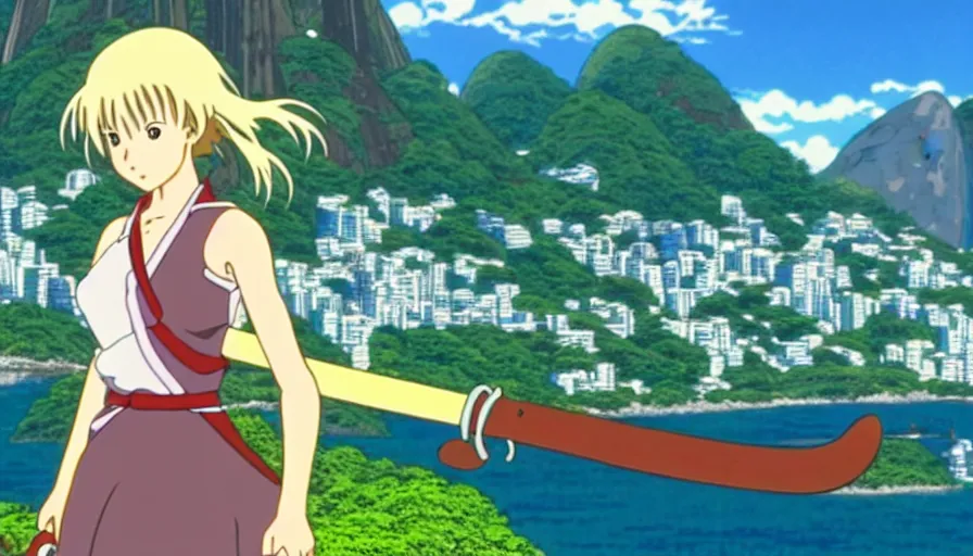 Image similar to 8 k screencap of a girl with a sword on a rio de janeiro anime, by hayao miyazaki, studio ghibli, rio background extremely high quality artwork