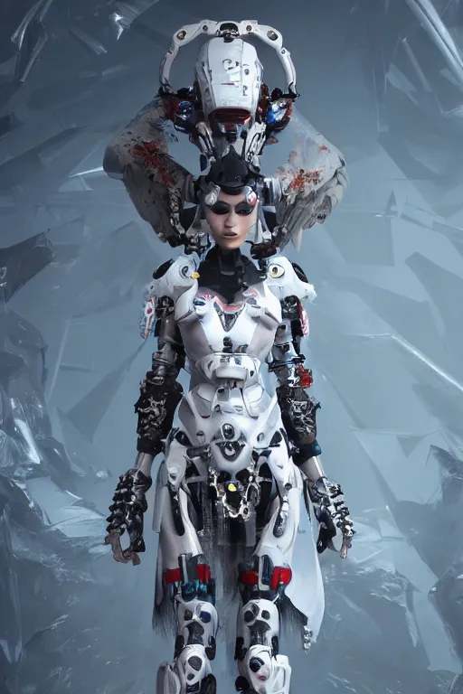 Image similar to white cyborg fashion shot, maasai punk warriors, fractal decorations, unreal engine, trending on artstation,