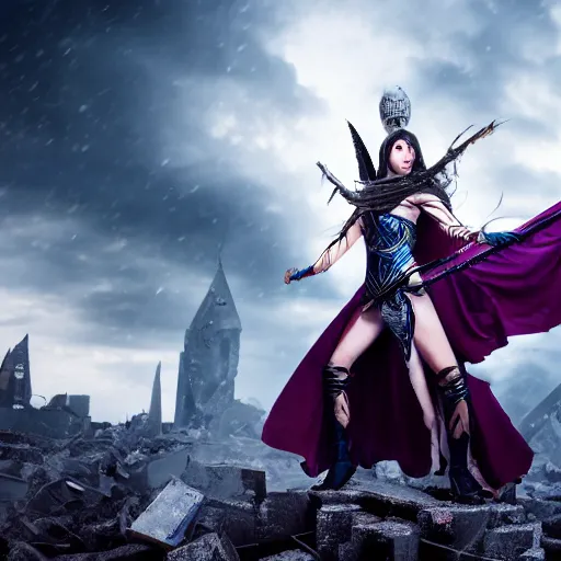 Image similar to beautiful sorceress girl in full battle gear, casting a spell, in a destroyed city, moody lighting, 8 k, shallow depth of field, cinematic lighting,