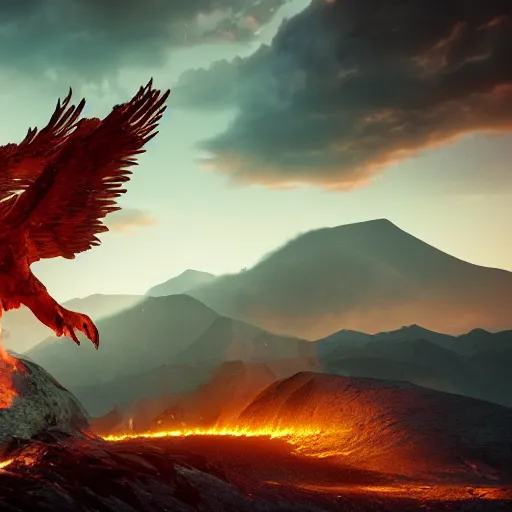 Image similar to giant fire eagle coming out of a vulcano, beautiful light, mountains, nature, fantasy book, d & d, high detail, 8 k, octane render painting, dark fantasy