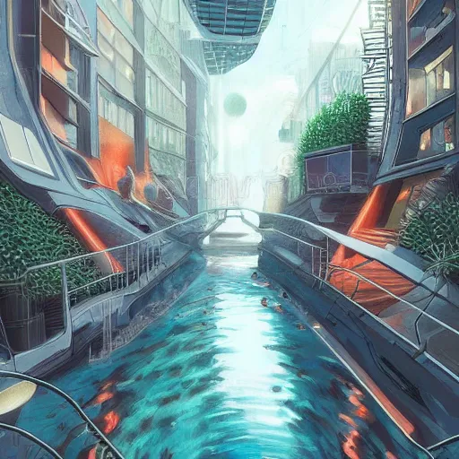 Image similar to Narrow cosy waterway in futuristic sci-fi city in harmony with nature. Nice colour scheme, soft warm colour. Beautiful detailed illustration by Lurid. (2022)