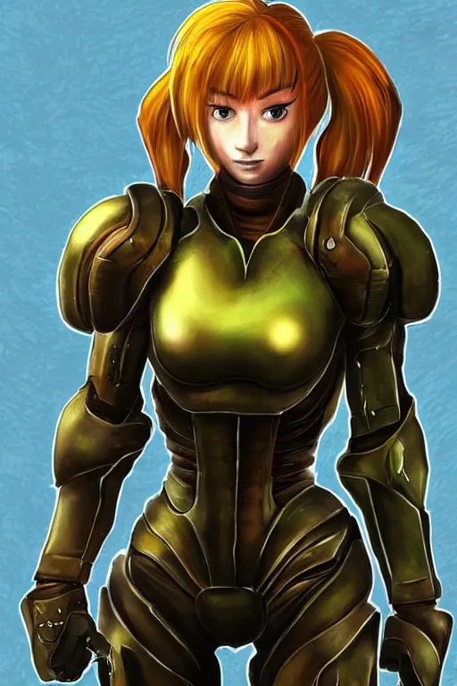 Image similar to an in game portrait of samus aran from dark souls, dark souls art style.