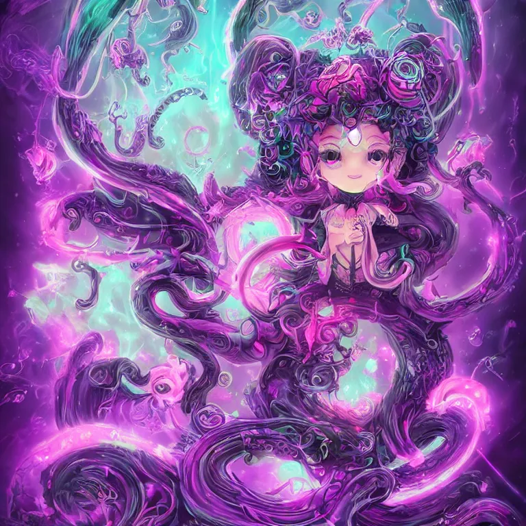 Image similar to A dark fairy from the Abyss. Lit from above. Thick Atmosphere. Sailor Moon. Tentacles. Cute. Kawaii. Chibi. Neon Accents. Bioluminescence. By Lisa Frank and HR Giger. Key Art. Fantasy Illustration. award winning, Artstation, intricate details, realistic, Hyperdetailed, 8k resolution.