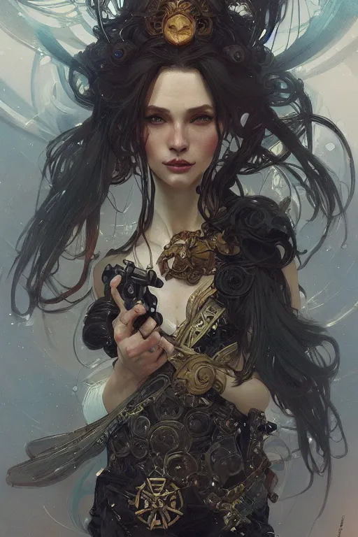 Prompt: A full portrait of a space pirate, intricate, elegant, highly detailed, digital painting, artstation, concept art, smooth, sharp focus, illustration, art by Krenz Cushart and Artem Demura and alphonse mucha