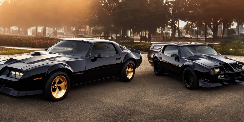 Image similar to parked black Pontiac Firebird Trans Am from Knight Rider, fog, rain, volumetric lighting, beautiful, golden hour, sharp focus, ultra detailed, cgsociety