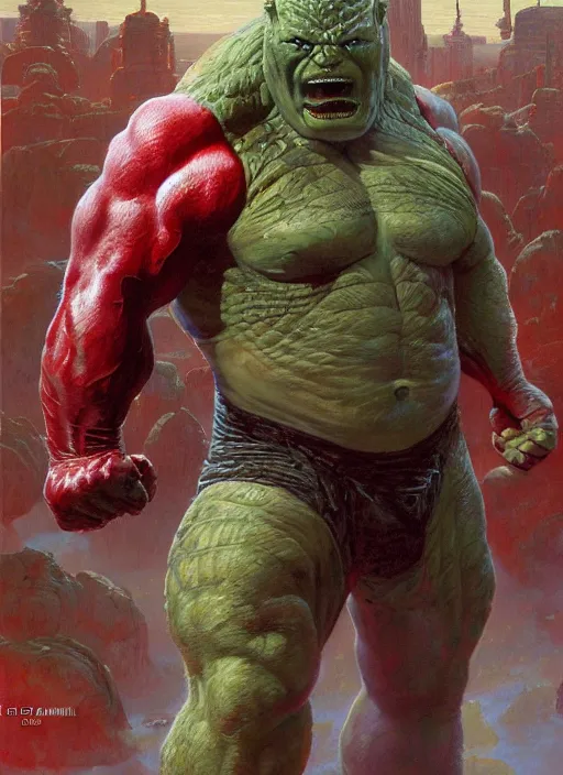 Image similar to brock lesnar as reptilian red hulk wearing scifi armour suit, dynamic action, by lawrence alma - tadema and zdzislaw beksinski and norman rockwell and jack kirby and tom lovell and greg staples, artstation creature art