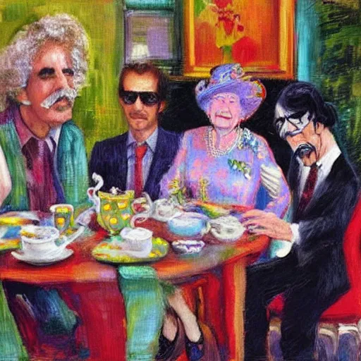 Image similar to frank zappa having a tea party with the queen and elton john, impressionist style,