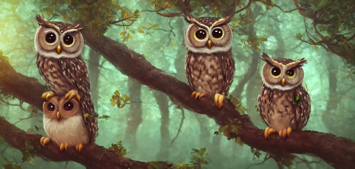 Cute Wise Owl in Mystical Tree · Creative Fabrica