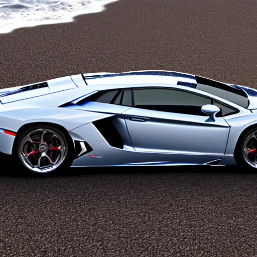 Image similar to A beautiful silver Lamborghini aventador on the beach, 8k, ray tracing reflection