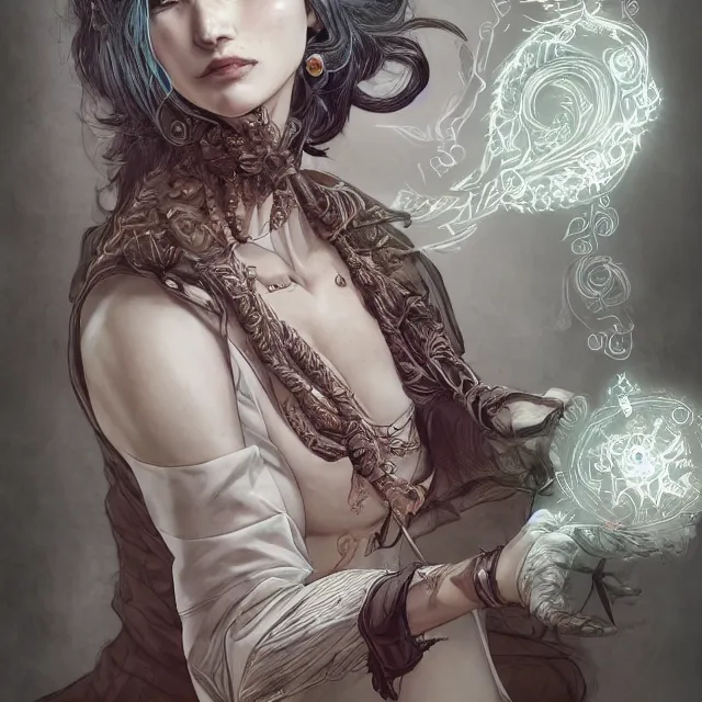 Image similar to the portrait of the lawful evil sorceress lawyer as an absurdly beautiful, graceful, elegant, jaded, woman, an ultrafine hyperdetailed illustration by kim jung gi, irakli nadar, intricate linework, bright colors, octopath traveler, final fantasy, unreal engine 5 highly rendered, global illumination, radiant light, detailed and intricate environment