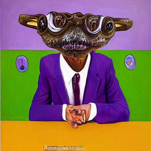 Image similar to Portrait of a psychotic crossbreed between a rabid dog and a toad, in a purple suit, oil painting