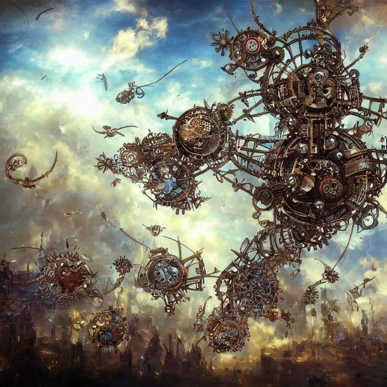 Image similar to flying city in a mechanical flower, sky!, fantasy art, steampunk, masterpiece, behrens style