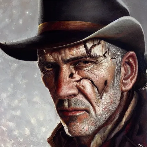 Image similar to modern oil portrait of old wrinkled gunslinger jack, with scar, very very very very very beautiful art, masterpiece, realistic and detailed, artstation, artificial lightning