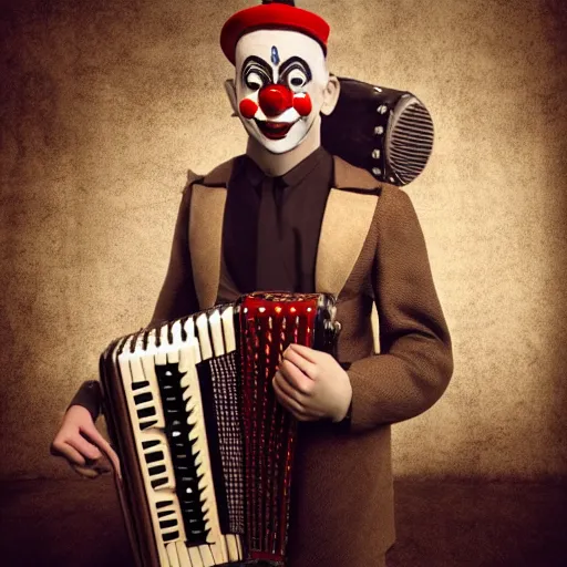 Prompt: a peculiar man with an accordion where his neck should be, clown face, steampunk, 4K Unreal Engine render