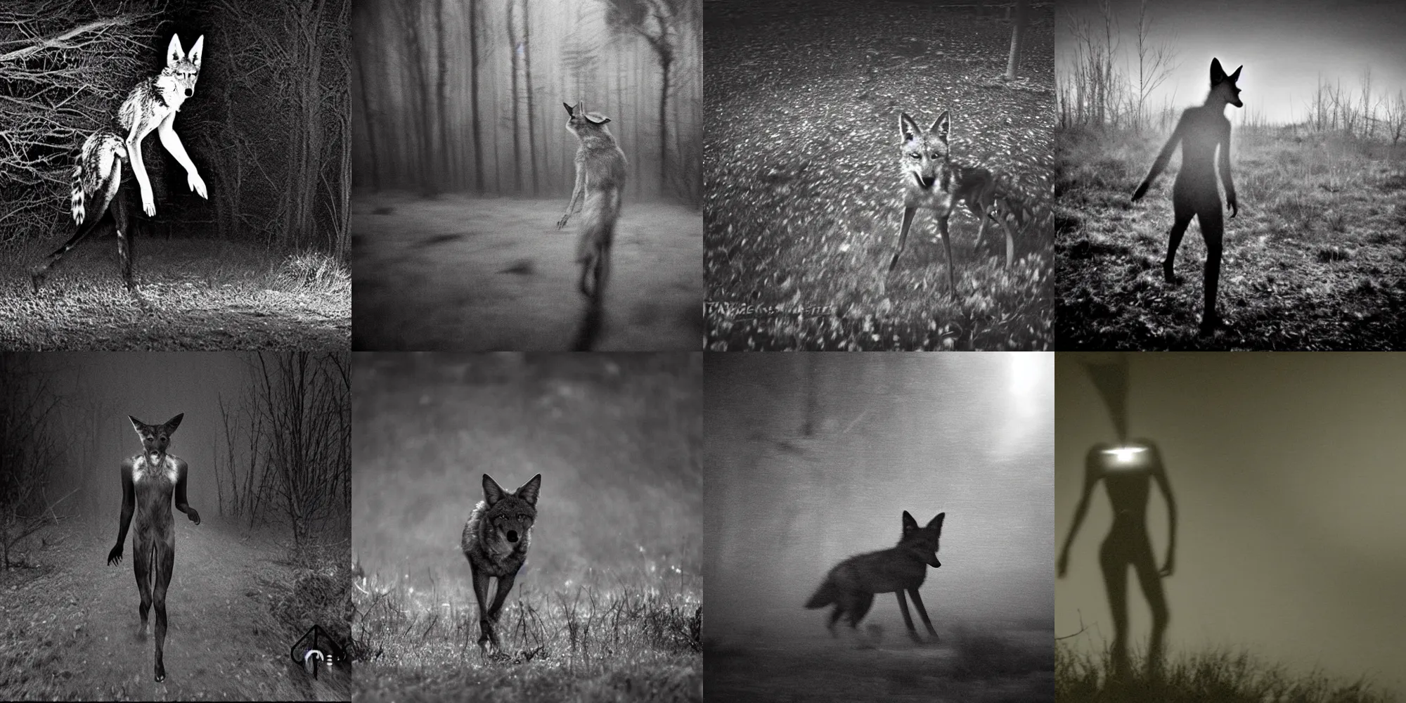 Image similar to bad quality blurry nightfootage nightcam black and white trailcam footage of native weird distorted human body Skinwalker transforming into a coyote, low resolution, compressed