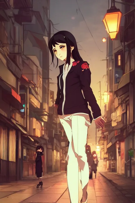 Image similar to a beautiful girl with dark hair walking down a japanese style street, ambient lighting, dynamic lighting, 4k, official media, anime key visual, makoto shinkai, ilya kuvshinov, rossdraws, detailed, trending on artstation