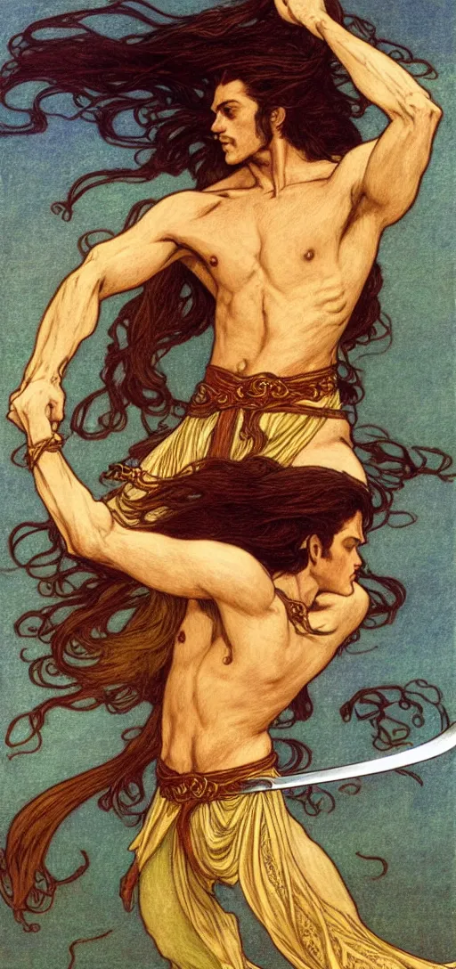 Prompt: one golden swordsman wielding two swords leans back as he lunges elegantly in the wind, his robes and long hair flowing in the breeze, fantasy, Mucha, MTG, Game of Thrones, salsa dancing, Rossetti, Millais, anatomically correct