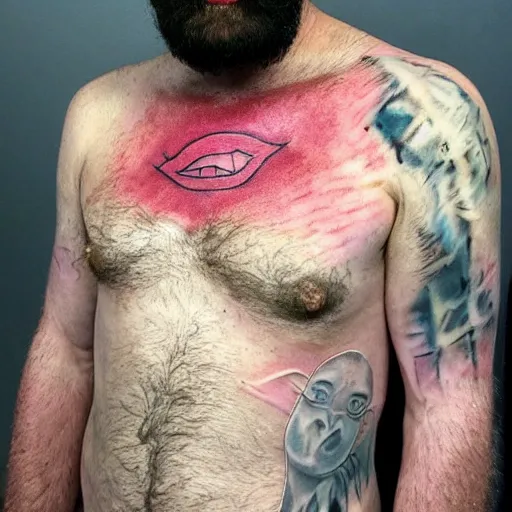 Image similar to an ultra realistic 8 k hdr photo of an award winning healed color tattoo of zardoz on a man ’ s super hairy chest