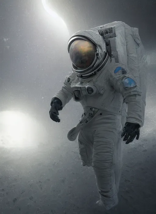 Image similar to concept art by craig mullins astronaut in futuristic dark and empty spaceship underwater. infrared glowing lights. complex and hyperdetailed technical suit. reflection and dispersion materials. rays and dispersion of light. volumetric light. 5 0 mm, f / 3 2. noise film photo. flash photography. unreal engine 4, octane render. interstellar movie art