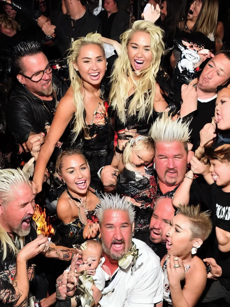 Image similar to olivia munn and miley cyrus and guy fieri holding their baby in a mosh pit