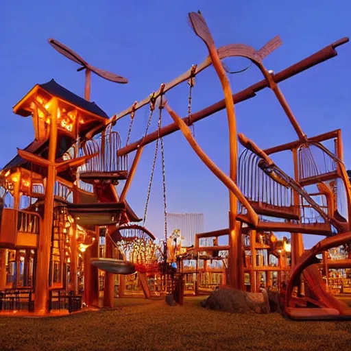 Image similar to enormous, never-ending wooden structure with slides, swings, and many-storied equipment at dusk by Thomas Kincade