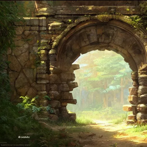 Image similar to concept art painting of an ornate ancient stone archway, in the woods, realistic, detailed, cel shaded, in the style of makoto shinkai and greg rutkowski and james gurney