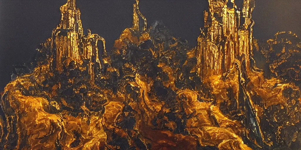 Prompt: ornate obsidian castle on high cliffs with rivers and waterfalls of glowing melted gold. by tom bagshw and by ralph bakshin. power and beauity.