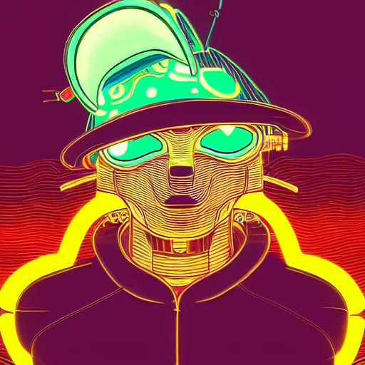 Image similar to a half robot cat wearing a hat, outlined by whirling illuminated neon lines, outrun, vaporware, shaded flat illustration, digital art, trending on artstation, highly detailed, fine detail, intricate