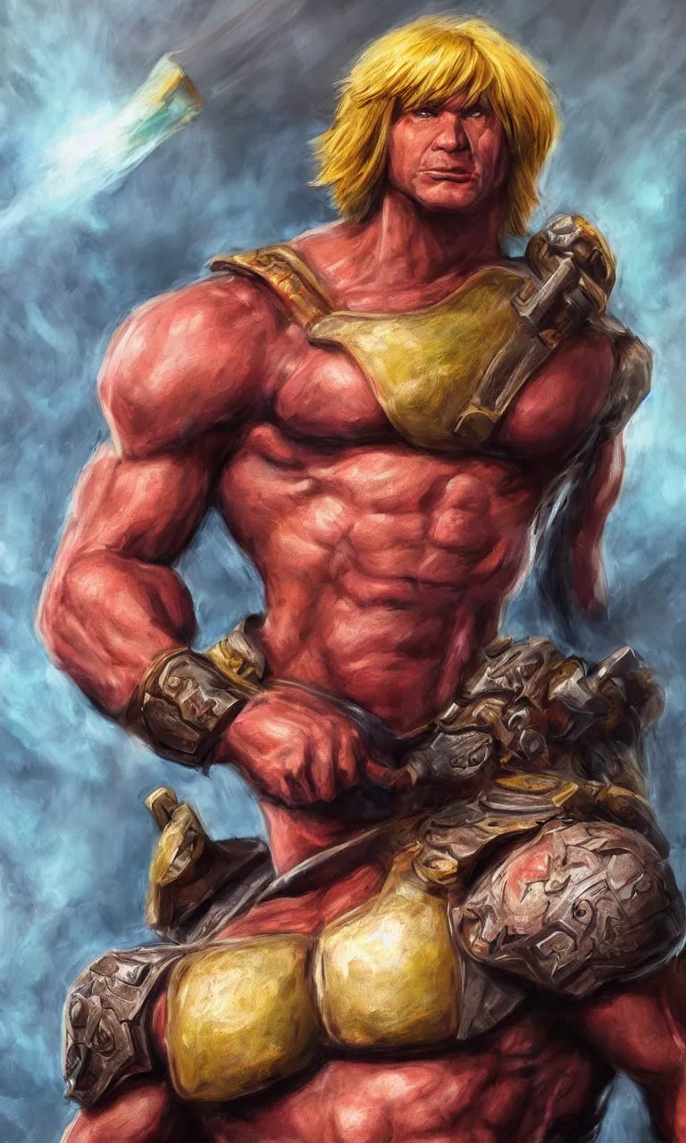 Image similar to hyper realistic half body portrait of heman, vivid color scheme