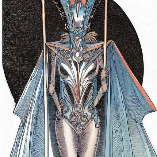 Image similar to beautiful portrait of the masked queen, phyrexian god, beautiful futuristic cape, elegant, ornamental armor, intricate, in the style of moebius