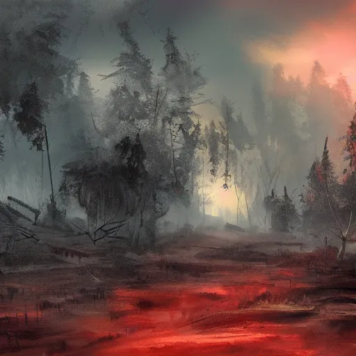 Prompt: Decimated forest+red sky+ the most darkest and horrible thing we have ever seen+artstation+concept art