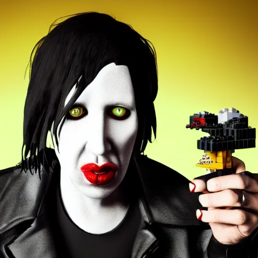 Prompt: photorealistic portrait of marilyn manson with body of lego toy, lego movie still, realistic 3 d render, 8 k