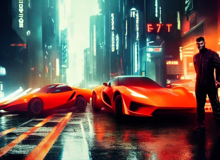 Image similar to Bladerunner 2049 intimidating street racer standing next to his red car wearing black fire suit race suit night time Bladerunner 2049 RTX 45mm wide angle photo RX7 NSX G-TR cinematic movie still aesthetic