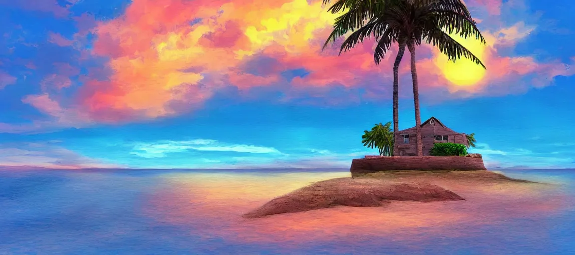 Image similar to small house on a tiny island in the middle of the ocean, sandy beach surrounding the island, (((colorful clouds))), sunset, palm trees, digital art, artstation