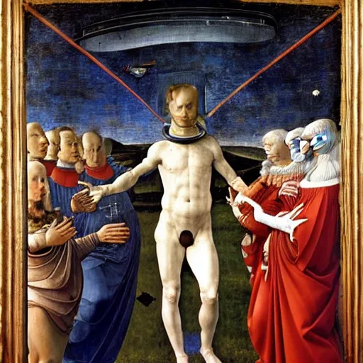 Prompt: beautiful renaissance painting portrait of an astronaut floating in space by sandro botticelli, jan van eyck, tiziano vecelli, piero della francesca