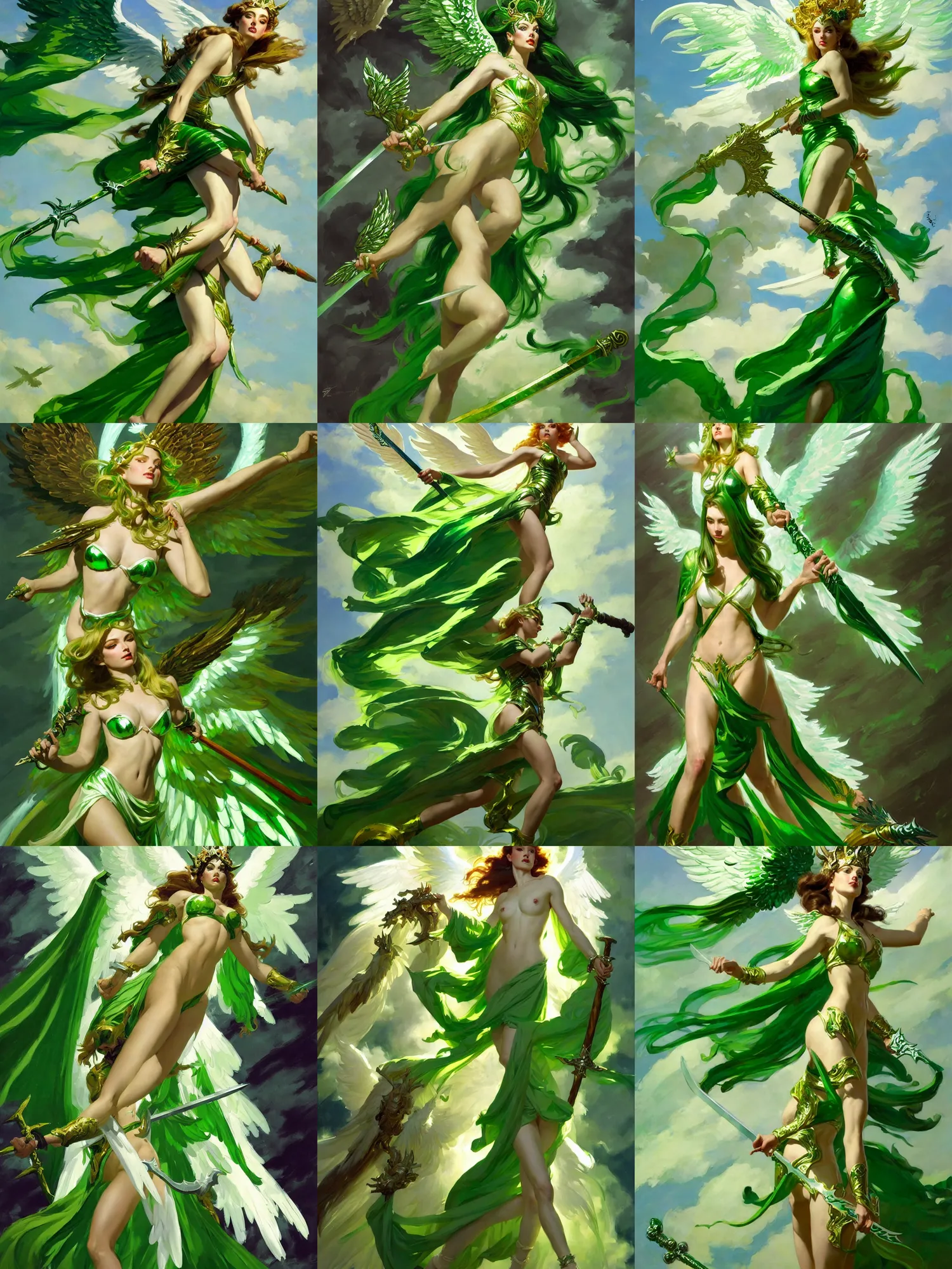 Prompt: greg manchess painting of goddess of hunt wearing shiny mythical green clothes, green and white long hair, long wings, large angelic sword, soft lighting, trending on artstation, by huang guangjian and gil elvgren and sachin teng