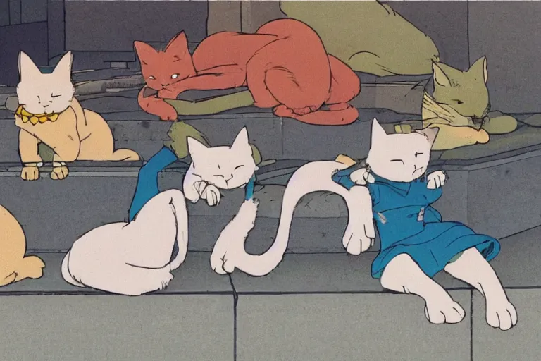 Prompt: four happy stray cats, lounging about and looking at the camera, urban setting, whimsical, trending on artstation, animation still by Hayao Myazaki and Moebius