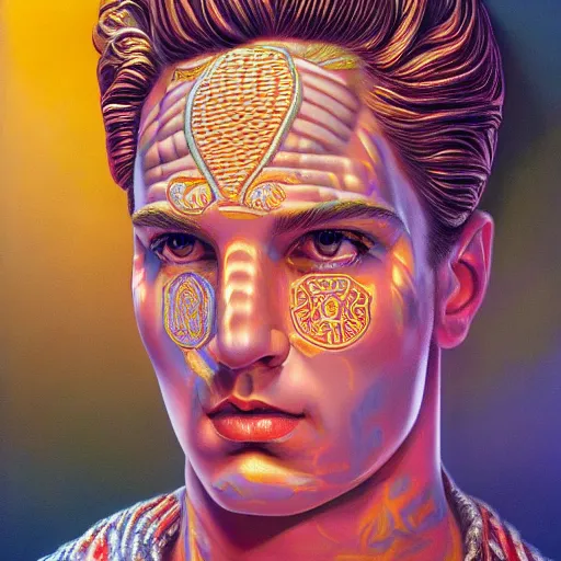 Prompt: intricate five star god apollo facial portrait by casey weldon, oil on canvas, hdr, high detail, photo realistic, hyperrealism, matte finish, high contrast, 3 d depth, centered, masterpiece, vivid and vibrant colors, enhanced light effect, enhanced eye detail, artstationhd