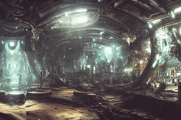 Prompt: underground techno club, hypermaximalistic, high details, cinematic, 8k resolution, beautiful detailed, insanely intricate details, artstation trending, octane render, unreal engine,