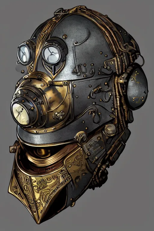 Image similar to steampunk helmet fantasy art mask robot ninja stylized digital illustration sharp focus, elegant intricate digital painting artstation concept art global illumination ray tracing advanced technology chaykin howard and campionpascale and cooke darwyn and davis jack