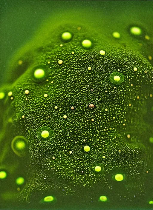 Image similar to realistic photo of a moist moss covered with white dots, fluffy microbe ; 1 9 9 0, microscope, closeup, bokeh, natural colors, kodak ektar, 2 0 0 iso, 3 5 mm lens, bill henson