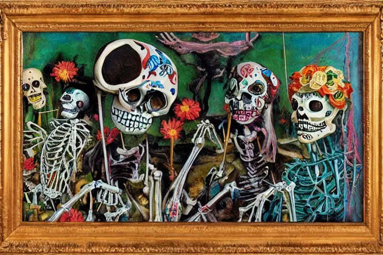 Image similar to scene from fishing, day of the dead, cyber skeleton, neon painting by otto dix