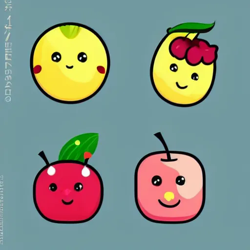 Image similar to a set of kawaii fruits isolated on white background, stylized, cartoon, cute, vector graphics, trending on pinterest, featured on artsation, high quality, smooth graphics, fine edges,