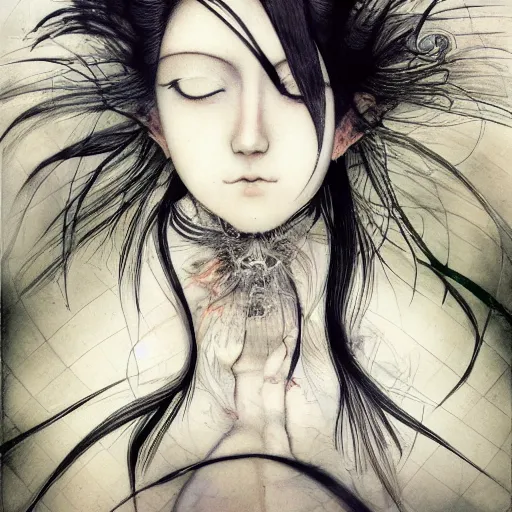 Image similar to Yoshitaka Amano realistic illustration of an anime girl with white hair and cracks on her face wearing dress suit with tie fluttering in the wind, abstract black and white patterns on the background, noisy film grain effect, highly detailed, Renaissance oil painting, weird portrait angle