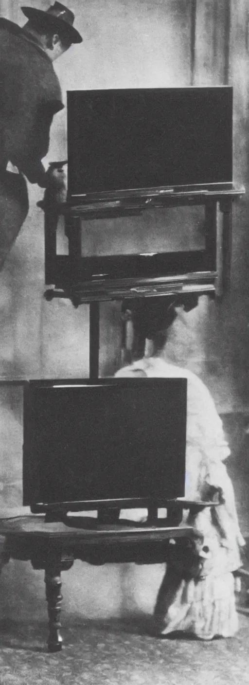 Image similar to 1 9 0 0 s photo of a person watching a flat screen hd tv