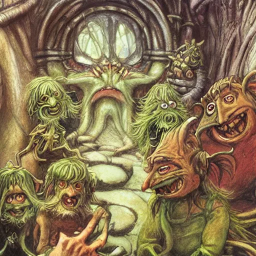 Image similar to fantasy illustrations and concept art for jim henson's labyrinth goblins by brian froud