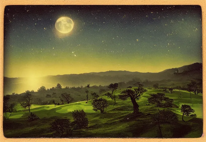 Prompt: eerie moonlight, stone walls, birds eye view of a perfect elysian dreamlike green hilly pastoral psychedelic golf course landscape with stone walls under cosmic stars, cherished trees, memory trapped in eternal time, golden hour, dark sky, evening starlight, haunted vintage psychedelic painted polaroid by hiroshi yoshida